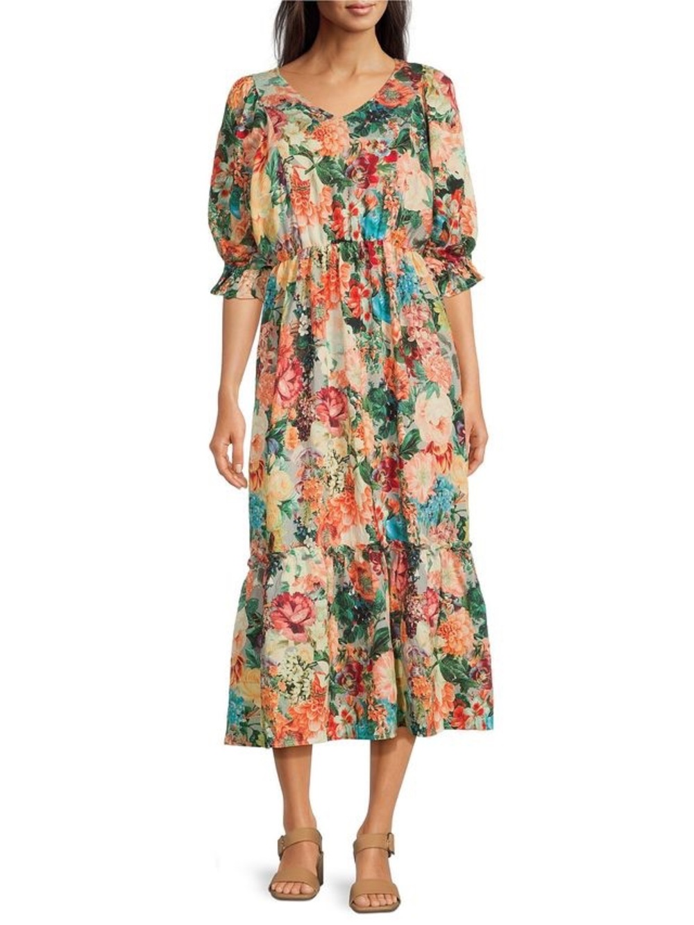 Calessa Dillards Vintage Floral V-Neck Tiered Midi Dress in Multicolor Floral